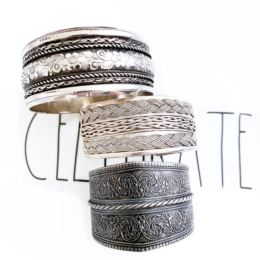 Bundle!  3 Silver Tone Roman Cuff Bracelets